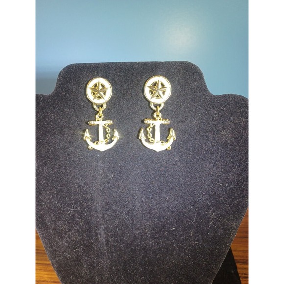 Anchor Shaped Enameled Earrings & Anchor Hook Fishing Boat Bracelet Golden - Picture 2 of 13